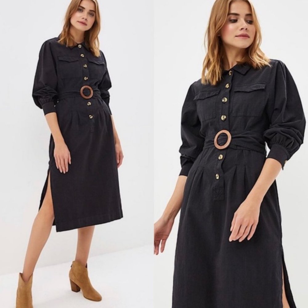 Free People Black Button-Front Midi Shirt Dress